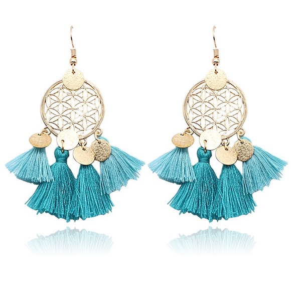Jewelry - Bohemian Gold Dangle Earrings with Aqua Tassels